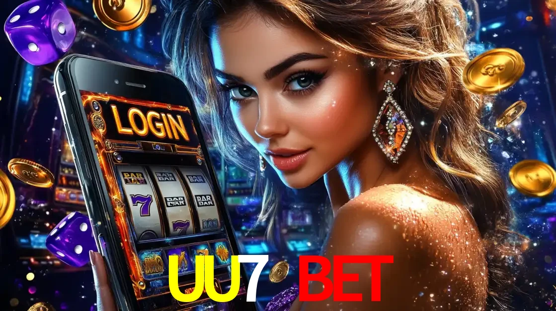Mulher glamorosa segurando um smartphone com a tela de login para os jogos de caça-níqueis do cassino online UU7 BET, com moedas de ouro e dados ao redor.