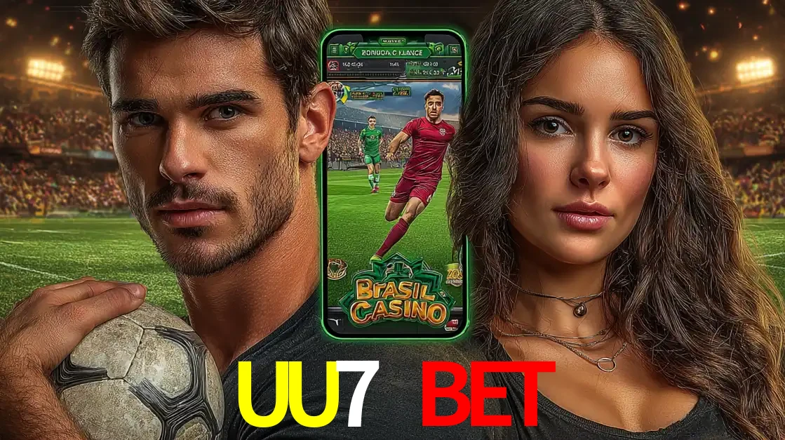 Homem segurando uma bola de futebol e uma mulher ao lado de um smartphone exibindo o jogo de apostas esportivas da UU7 BET. Faça seu palpite no cassino online.